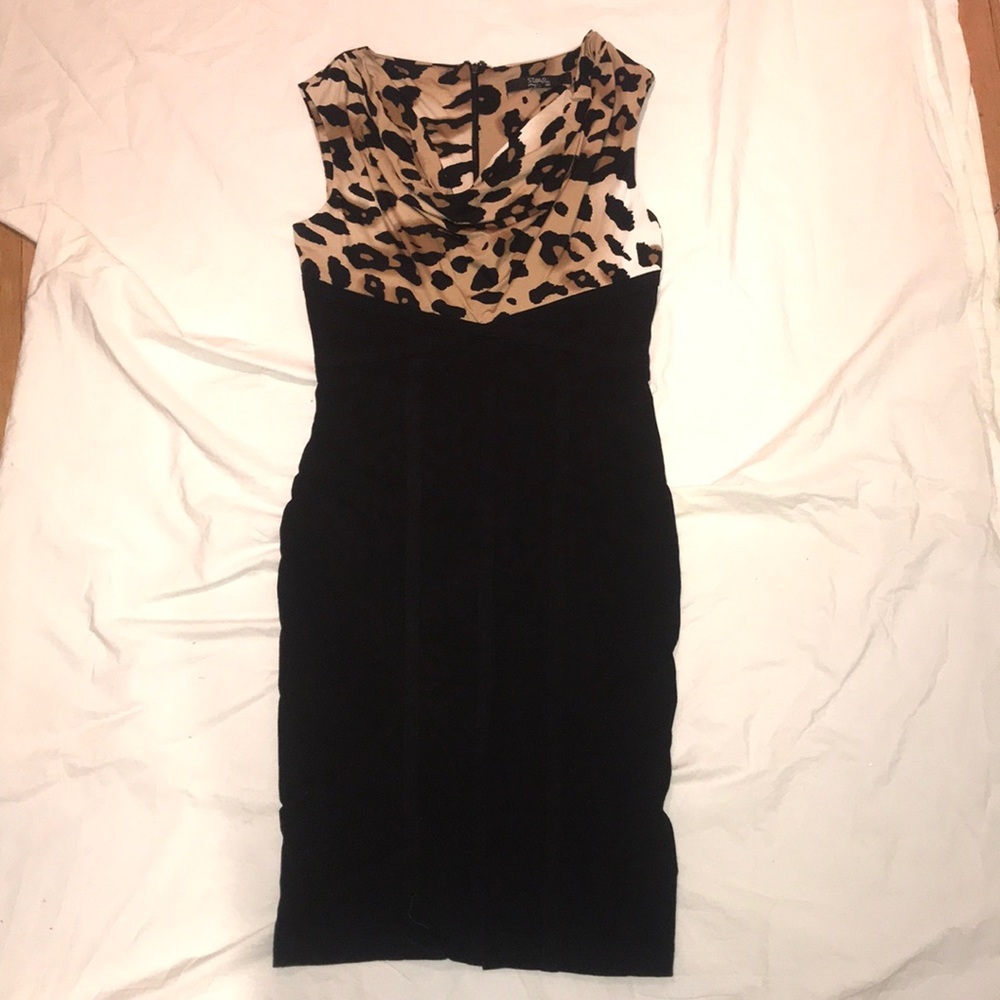 Drape neckline stretch knit combo sheath dress